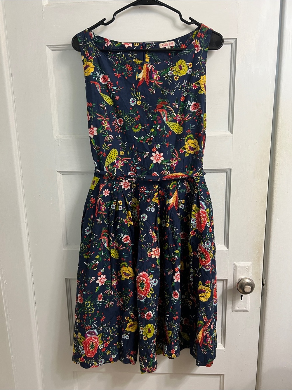 Vintage Navy Floral Fit-and-Flare Dress with Belt